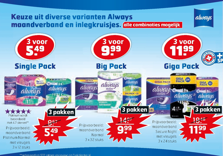 Always   maandverband, inlegkruisjes folder aanbieding bij  Trekpleister - details