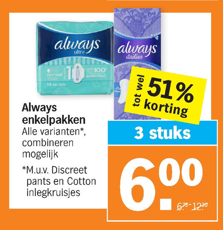 Always   maandverband, inlegkruisjes folder aanbieding bij  Albert Heijn - details