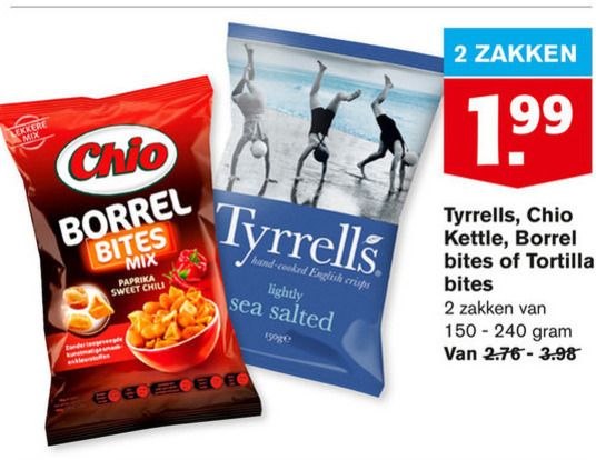 Tyrells   borrelnootjes, chips folder aanbieding bij  Hoogvliet - details