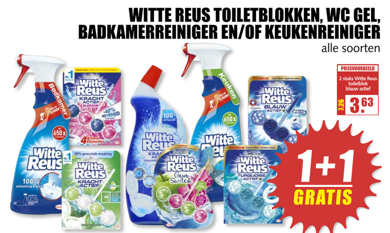 Witte Reus   toiletblok, badkamerreiniger folder aanbieding bij  MCD Supermarkt Basis - details