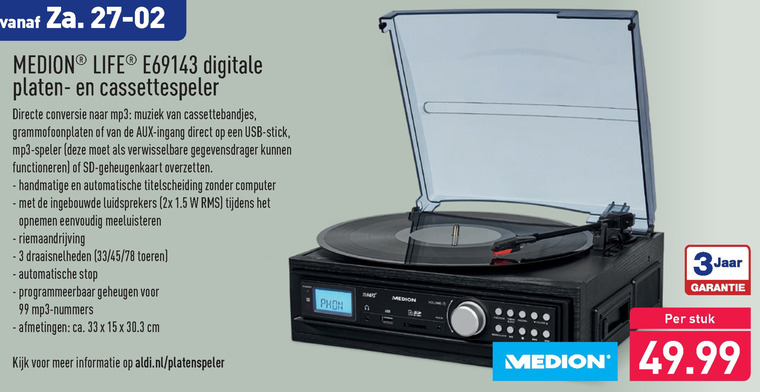 Medion   platenspeler, cassettespeler folder aanbieding bij  Aldi - details