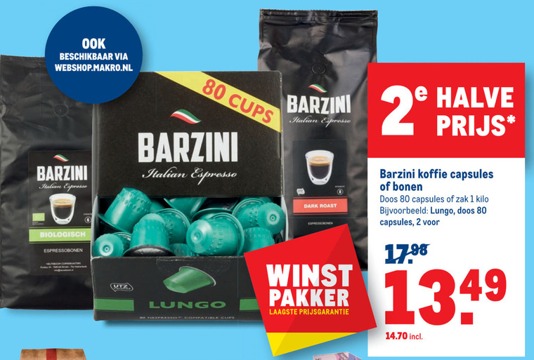 Barzini   koffiebonen, koffiecups folder aanbieding bij  Makro - details