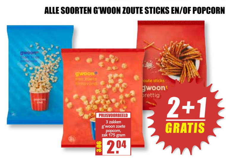 Gwoon   zoutje, popcorn folder aanbieding bij  MCD Supermarkt Basis - details