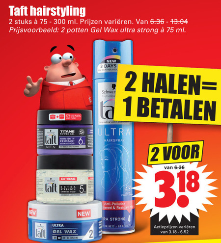 Taft   haargel, hairspray folder aanbieding bij  Dirk - details