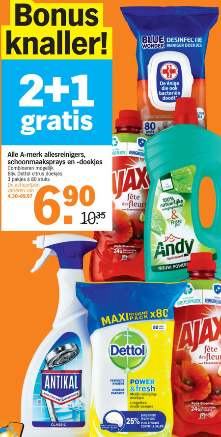 Alle merken   vochtige schoonmaakdoekjes, allesreiniger folder aanbieding bij  Albert Heijn - details