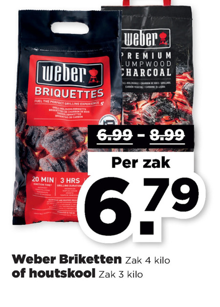 Weber   houtskool, briketten folder aanbieding bij  Plus - details