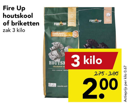 Fire Up   briketten, houtskool folder aanbieding bij  Deen - details