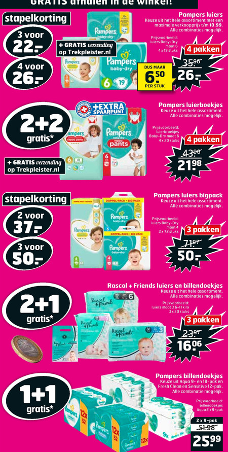 Pampers   luiers, billendoekjes folder aanbieding bij  Trekpleister - details