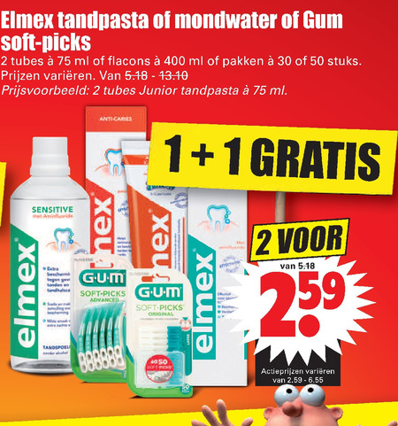 Elmex   tandenstokers, mondwater folder aanbieding bij  Dirk - details