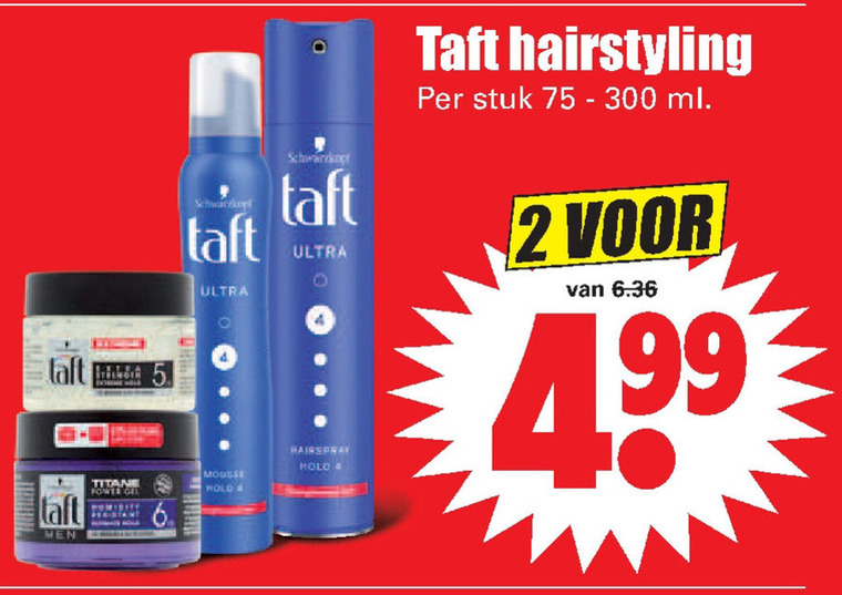 Taft   haargel, hairspray folder aanbieding bij  Dirk - details