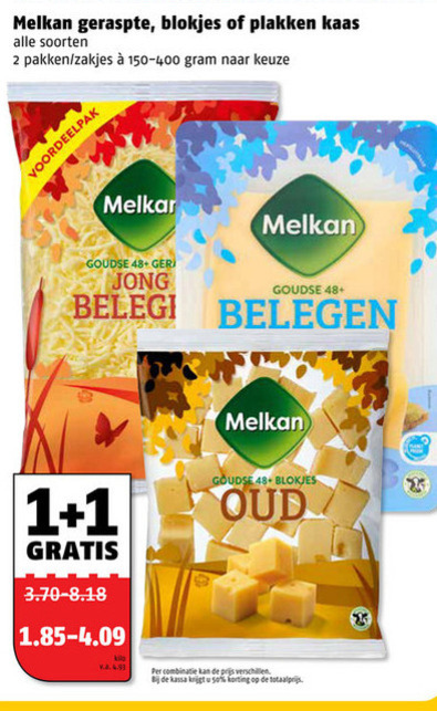 Melkan   geraspte kaas, kaasblokjes folder aanbieding bij  Poiesz - details