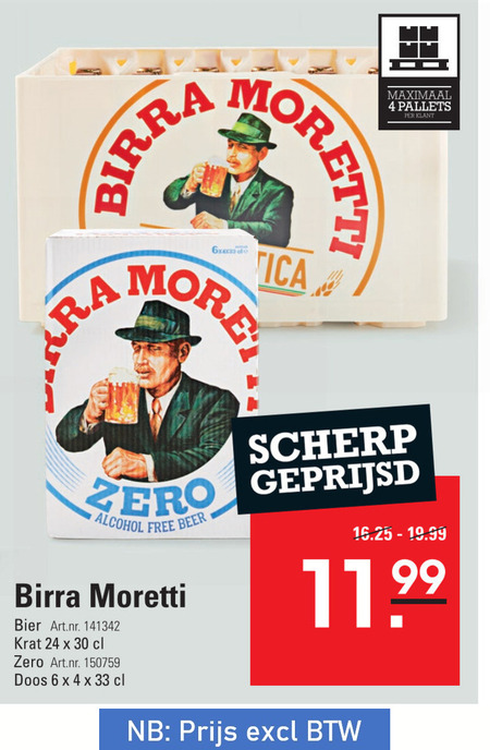 Birra Moretti   alcoholvrij bier, krat bier folder aanbieding bij  Sligro - details