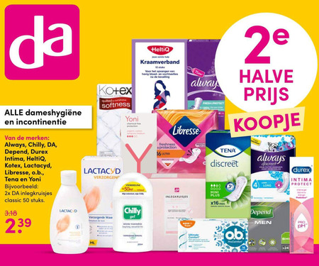 Alle merken   maandverband, inlegkruisjes folder aanbieding bij  DA - details