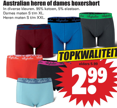 Australian   heren boxershort, dames boxershort folder aanbieding bij  Dirk - details