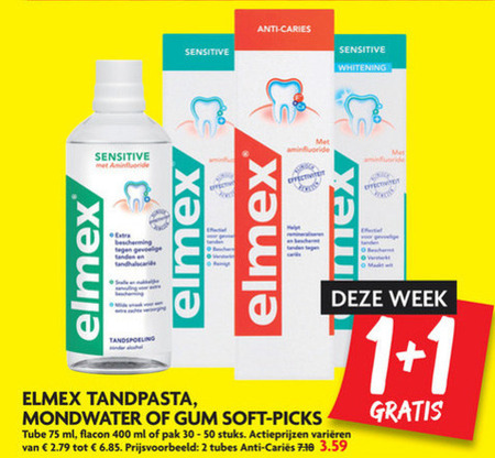 Elmex   mondwater, tandenstokers folder aanbieding bij  Dekamarkt - details