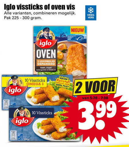 Iglo   vissticks, lekkerbekjes folder aanbieding bij  Dirk - details