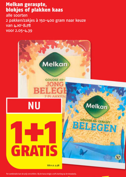 Melkan   geraspte kaas, kaasblokjes folder aanbieding bij  Poiesz - details