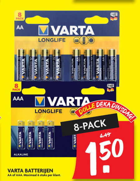 Varta   batterij folder aanbieding bij  Dekamarkt - details