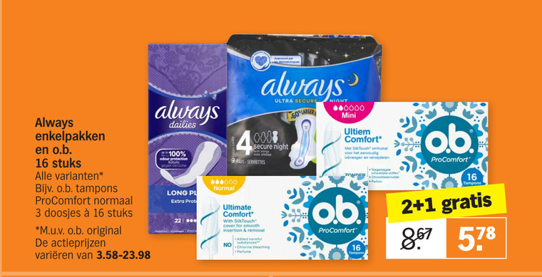 O.B.   tampons, inlegkruisjes folder aanbieding bij  Albert Heijn - details