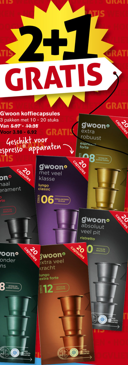 Gwoon   koffiecups folder aanbieding bij  Hoogvliet - details