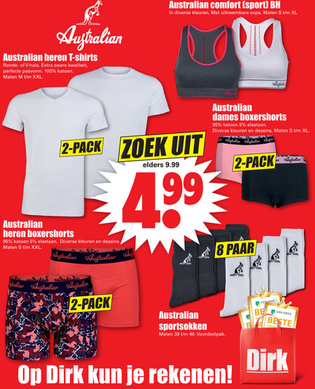 Australian   sport bh, sportsokken folder aanbieding bij  Dirk - details