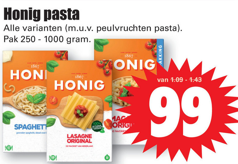 Honig   lasagnebladen, pasta folder aanbieding bij  Dirk - details