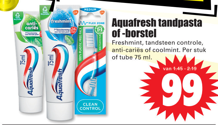 Aquafresh   tandenborstel, tandpasta folder aanbieding bij  Dirk - details