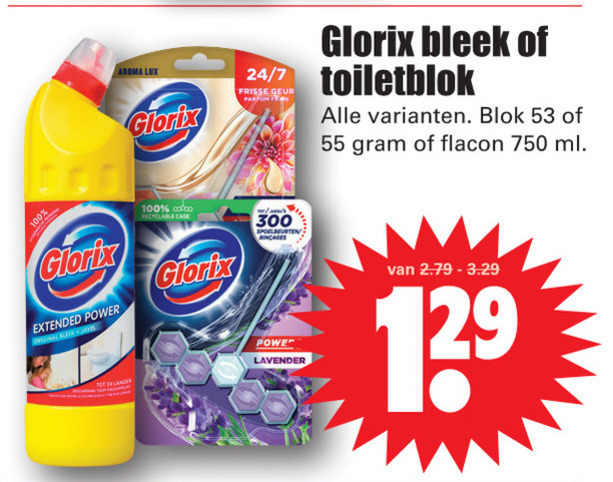 Glorix   bleekmiddel, toiletblok folder aanbieding bij  Dirk - details