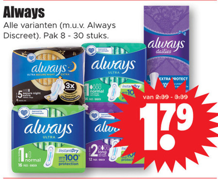 Always   maandverband, inlegkruisjes folder aanbieding bij  Dirk - details