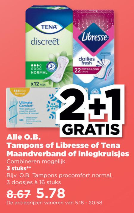 O.B.   maandverband, tampons folder aanbieding bij  Plus - details