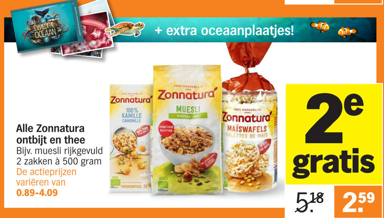 Zonnatura   mueslireep, thee folder aanbieding bij  Albert Heijn - details