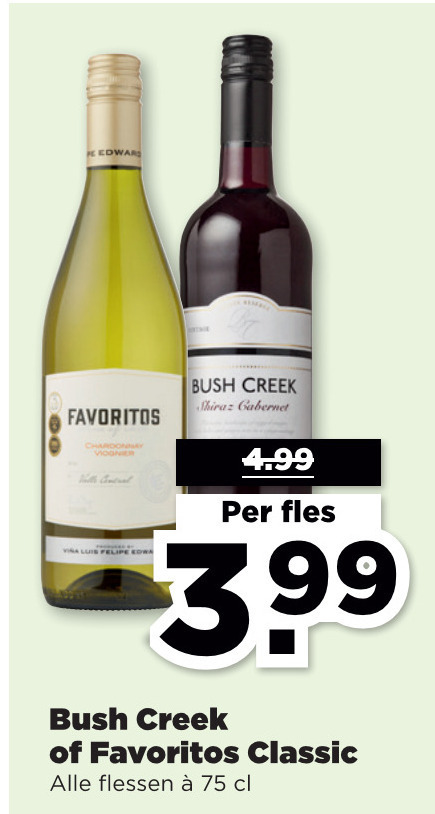 Bush Creek rode wijn, witte wijn folder aanbieding bij Plus - details