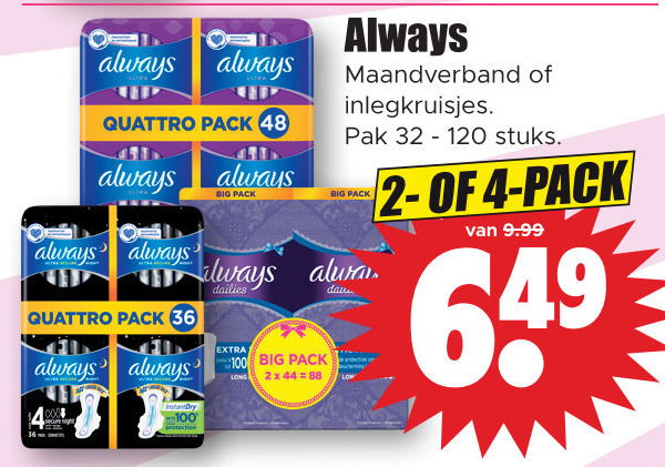 Always   maandverband, inlegkruisjes folder aanbieding bij  Dirk - details