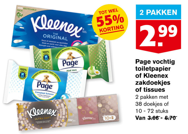 Kleenex tissue, vochtig toiletpapier folder aanbieding bij Hoogvliet