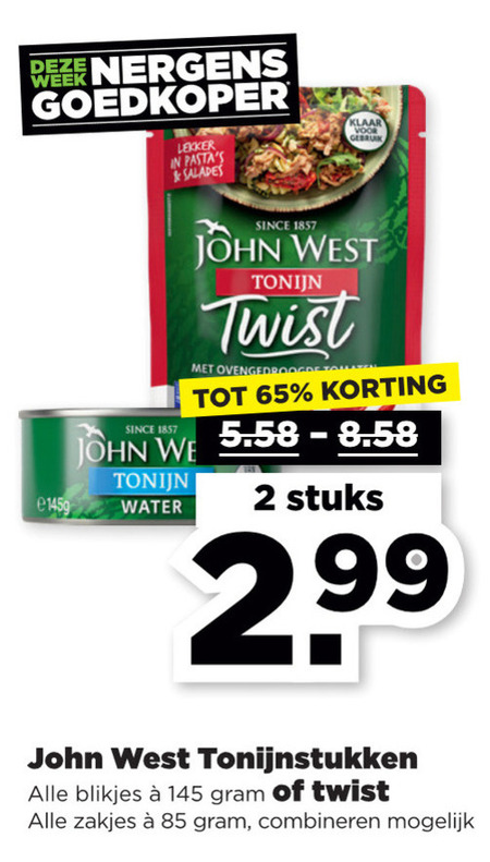John West   tonijn in blik folder aanbieding bij  Plus - details