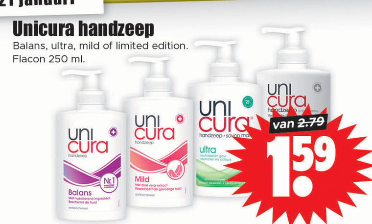 Unicura   handzeep folder aanbieding bij  Dirk - details