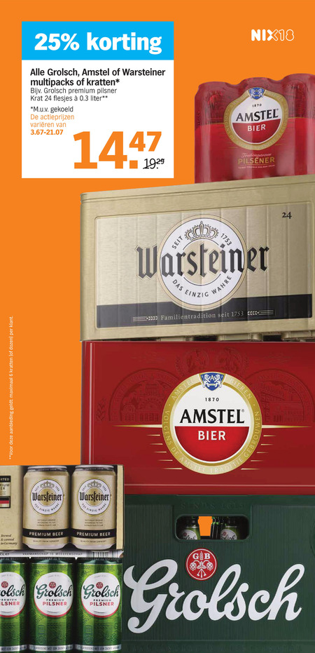 Warsteiner   krat bier, blikje bier folder aanbieding bij  Albert Heijn - details