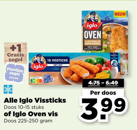 Iglo   vissticks, lekkerbekjes folder aanbieding bij  Plus - details