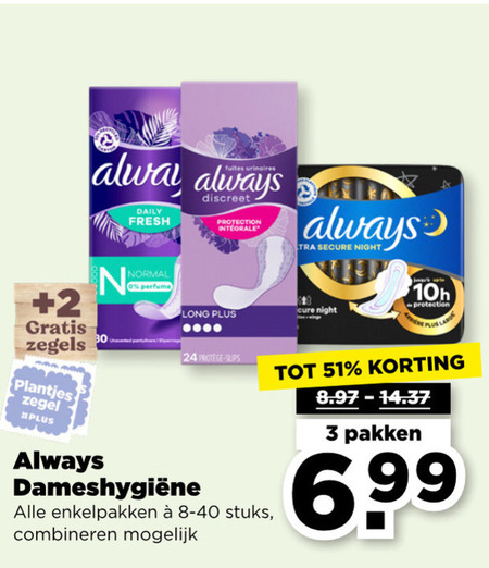 Always   maandverband, inlegkruisjes folder aanbieding bij  Plus - details