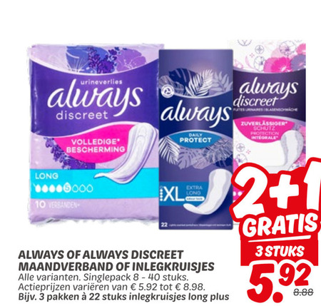 Always   maandverband, inlegkruisjes folder aanbieding bij  Dekamarkt - details