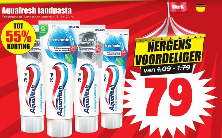Aquafresh   tandpasta folder aanbieding bij  Dirk - details