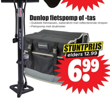 Dunlop   dubbele fietstas, fietspomp folder aanbieding bij  Dirk - details