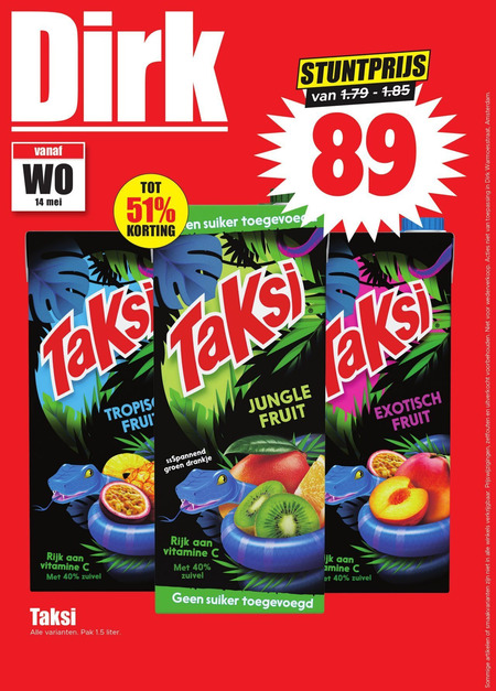 Taksi   fruitdrank folder aanbieding bij  Dirk - details