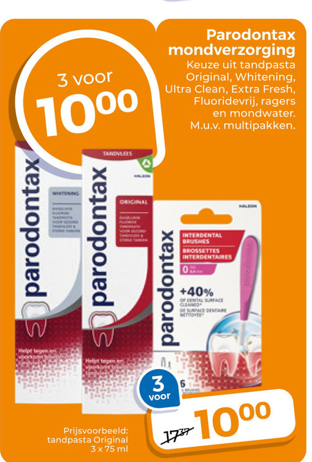 Paradontax   tandpasta, mondwater folder aanbieding bij  Trekpleister - details