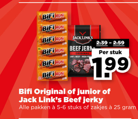Jack Links   bierworstjes folder aanbieding bij  Plus - details