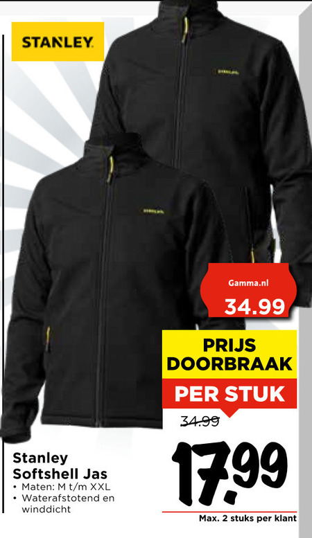 heren jack 2 stanley softshell jas maten xxl waterafstotend winddicht doorbraak stuk stuks  folder aanbieding bij Vomar