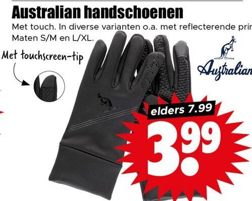 herenhandschoenen dameshandschoenen australian handschoenen touch o.a. print maten l xl touchscreen tip elders 3.99  folder aanbieding bij Dirk