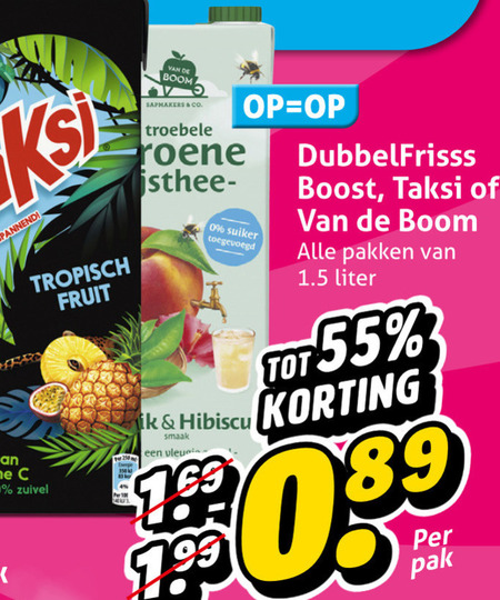dubbelfrisss van de boom taksi fruitdrank 4 55 1403 tropisch fruit zuivel co troebele groene suiker boost pakken liter pak  folder aanbieding bij Hoogvliet Dubbelfrisss   fruitdrank folder aanbieding bij  Hoogvliet - details