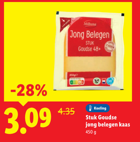 kaas 8 450 milbona jong belegen stuk goudse 48 weken koeling  folder aanbieding bij Lidl