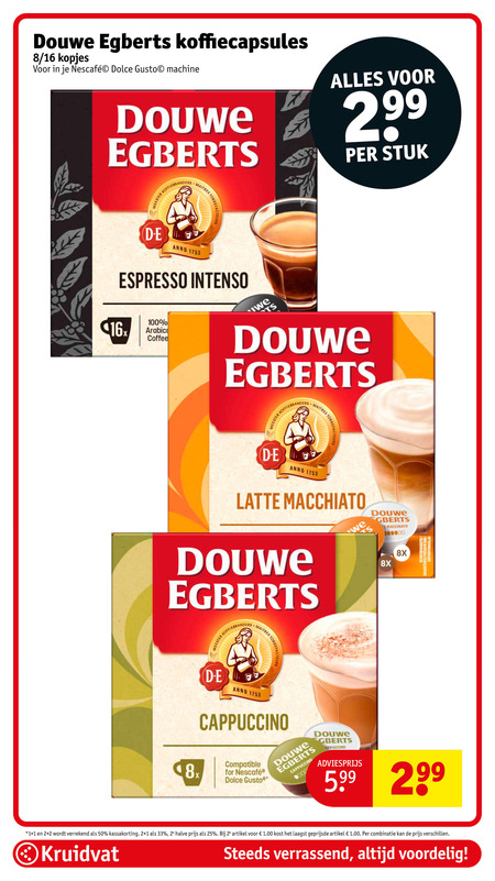 douwe egberts dolce gusto capsules 1 2 25 33 50 100 koffiecapsules 8 16 kopjes machine meester koffiebranders maitres stuk anno espresso intenso 16x arabic coffee latte macchiato 8x cappuccino compatible for serveersuggestie 5 99 2e halve artikel combinatie kruidvat verrassend  folder aanbieding bij Kruidvat Douwe Egberts   dolce gusto capsules folder aanbieding bij  Kruidvat - details